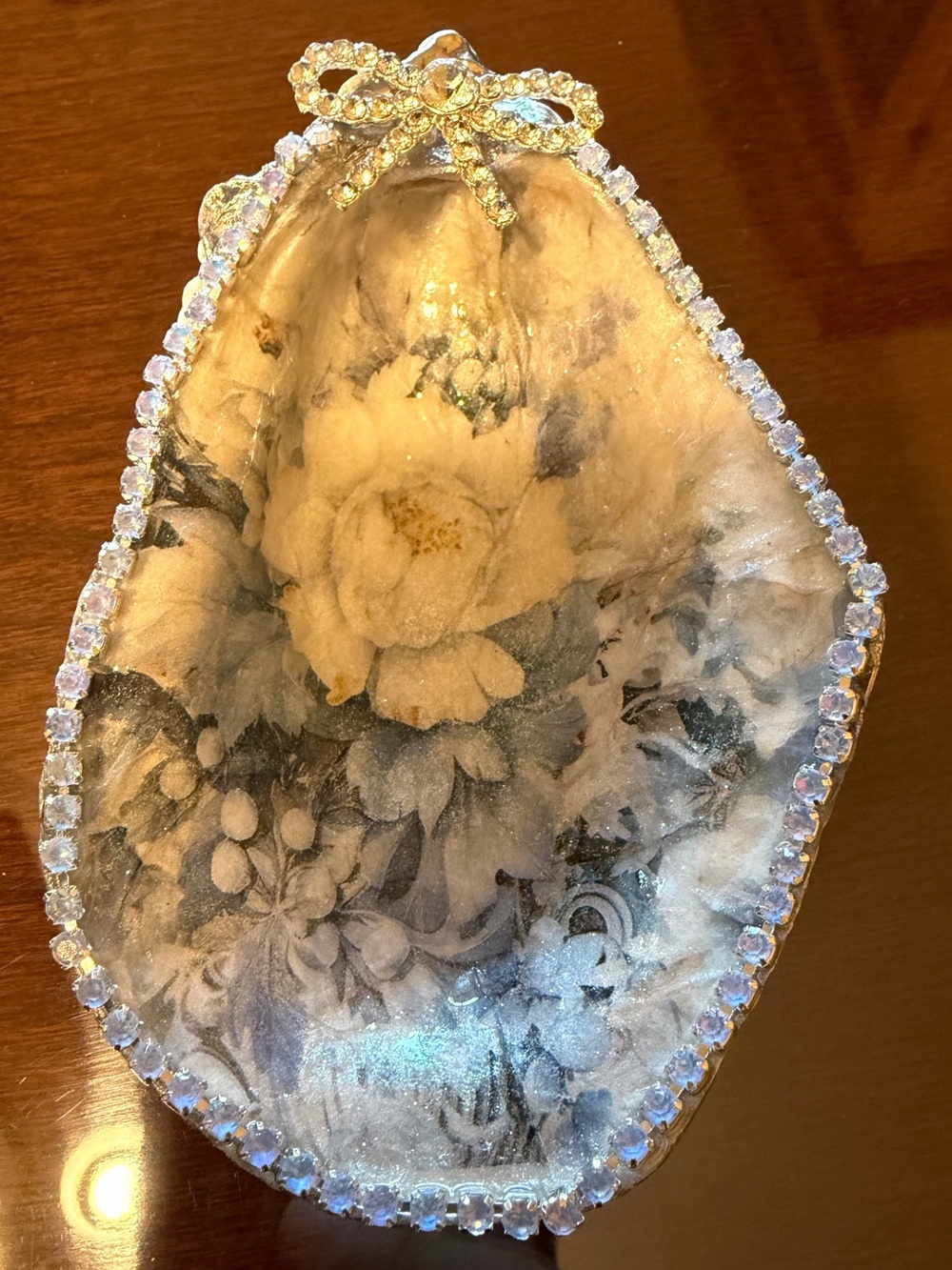 Handmade blue floral decoupage oyster shell trinket dish